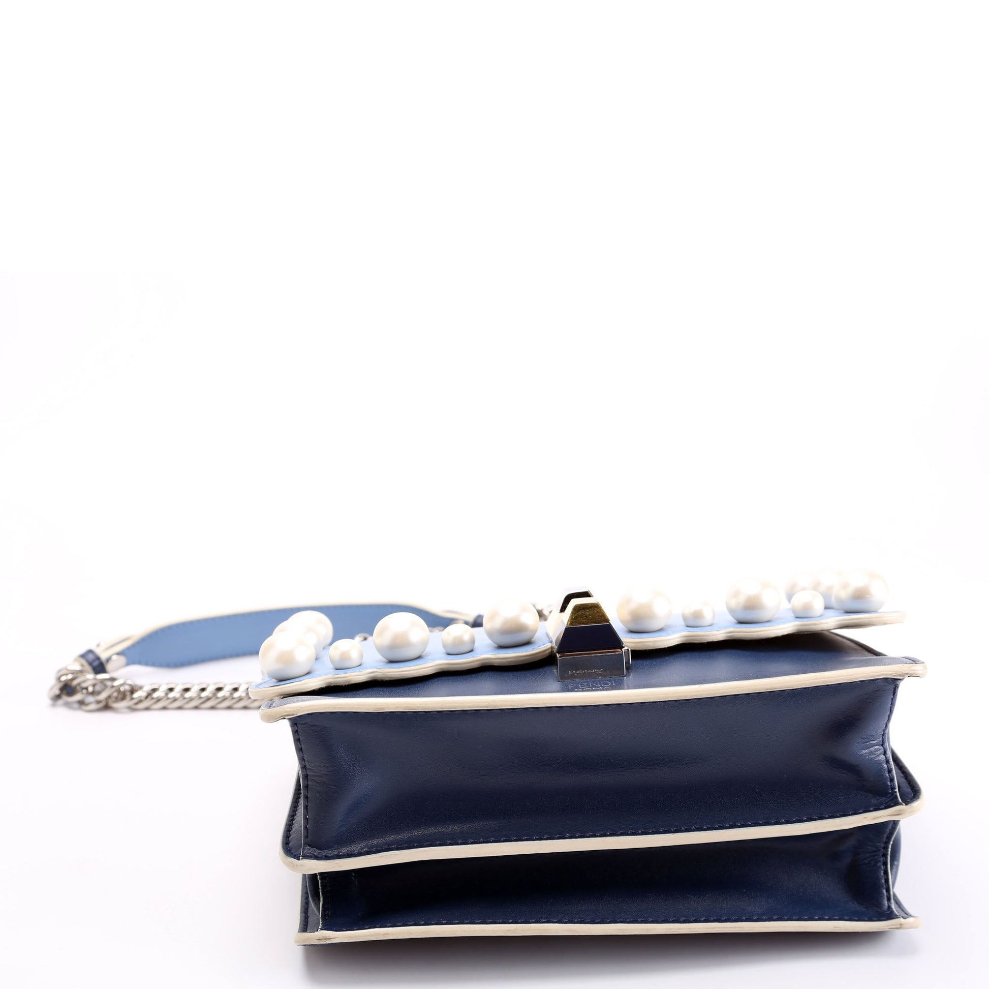 Fendi 8M0381 Kan Scalloped Pearls Bag Leather Blue Small Travel Bag
