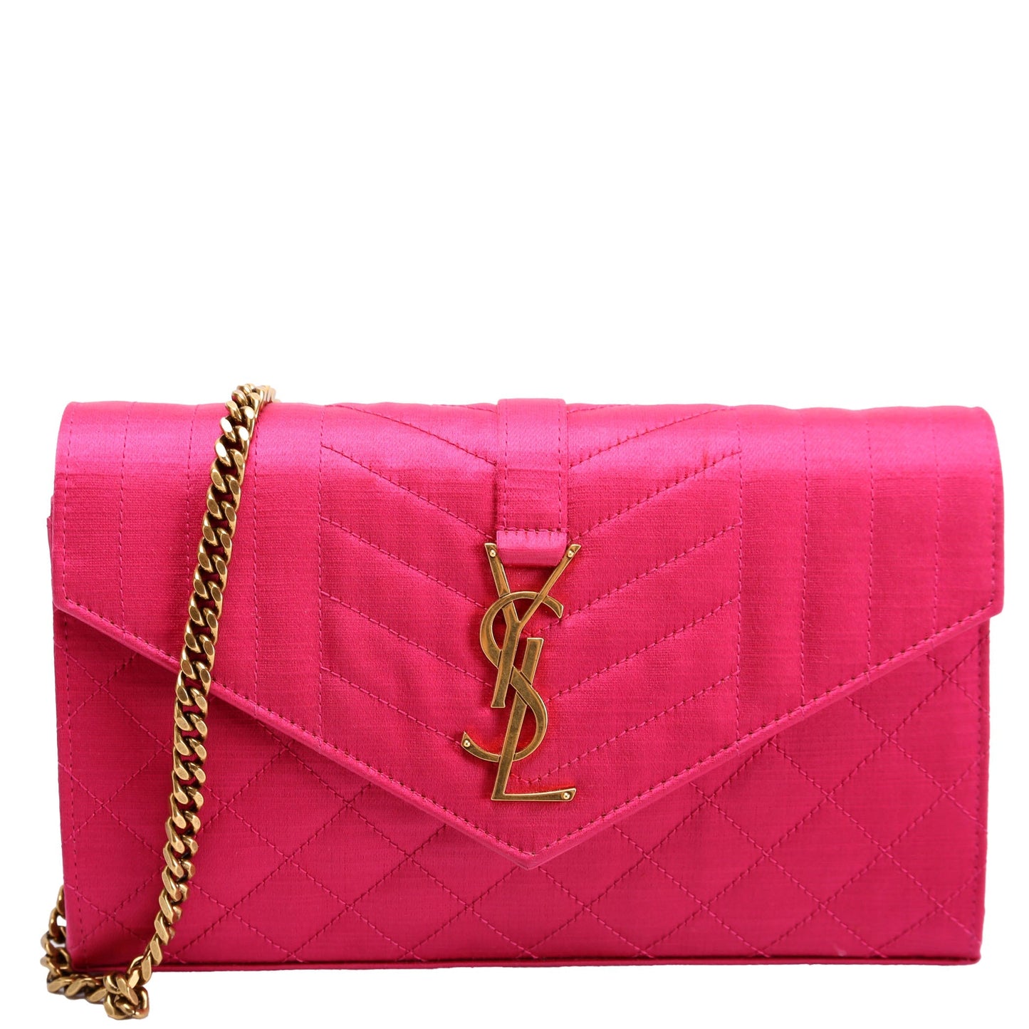 YSL Saint Laurent Triquilt Chain Wallet Bag Satin Pink Travel Bag