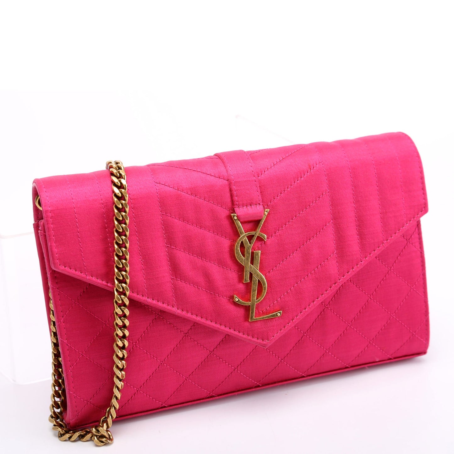 YSL Saint Laurent Triquilt Chain Wallet Bag Satin Pink Travel Bag