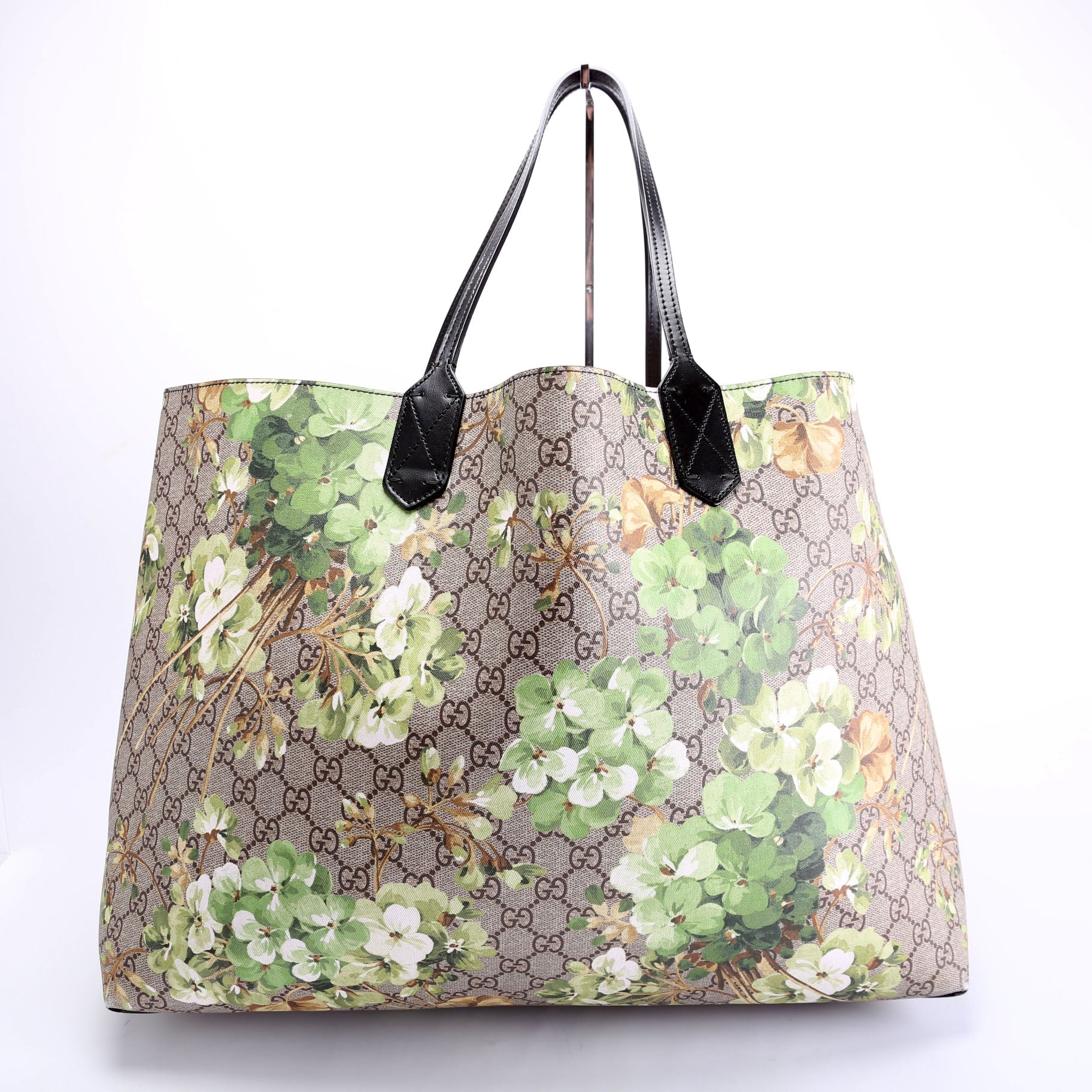Gucci GG Blooms Reverse Black Beige Green Medium Tote Bag