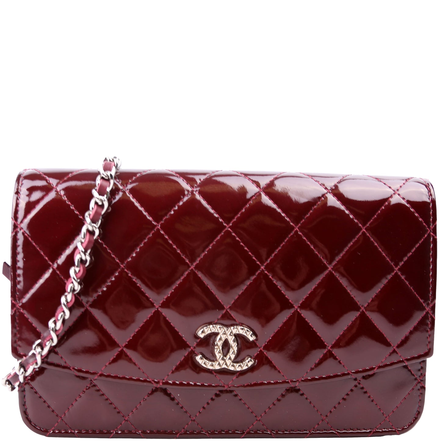 Chanel Classic Quilted Patent 18M Burgundy Clutch Bag