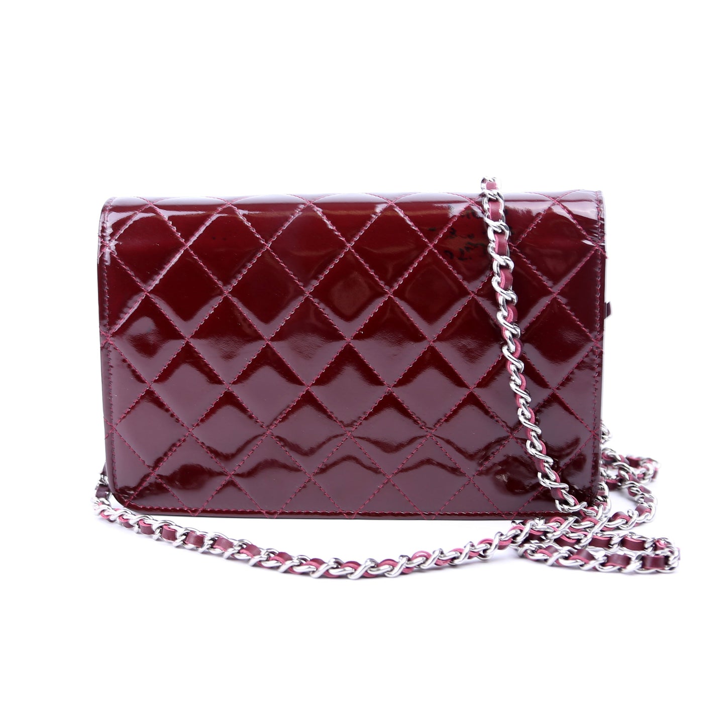 Chanel Classic Quilted Patent 18M Burgundy Clutch Bag