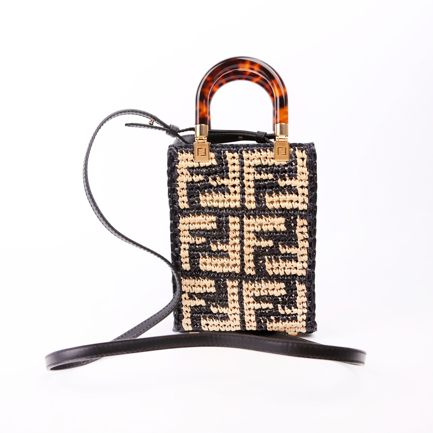 Fendi 8Bs051 Sunshine Shopper Bag Raffia Black Tan Travel Bag