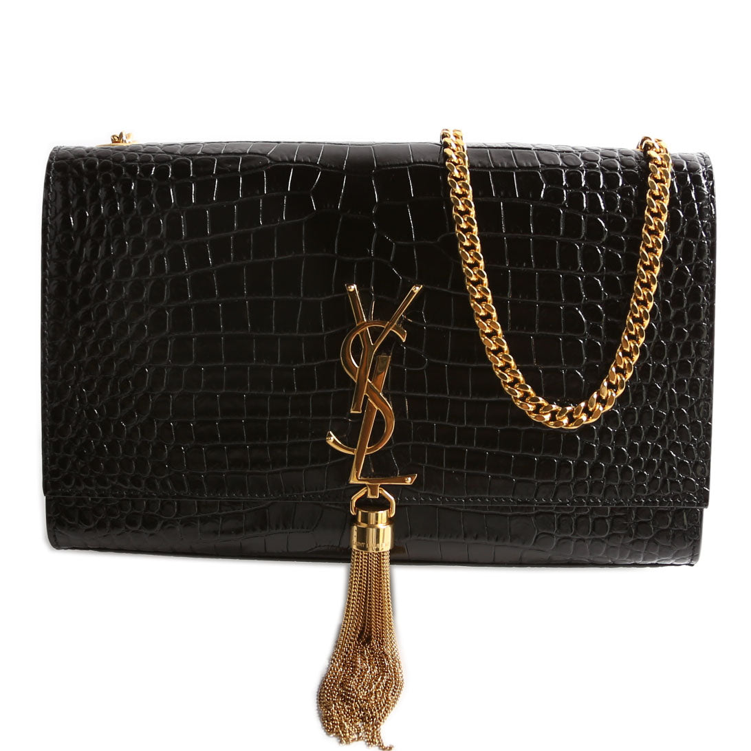 YSL Saint Laurent Saint Laurent Kate Tassel Satchel Crocodile Embossed Black Medium Travel Bag