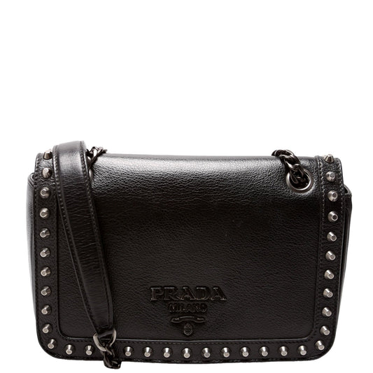 Prada Glace Calfskin Studded Crossbody Bag Black