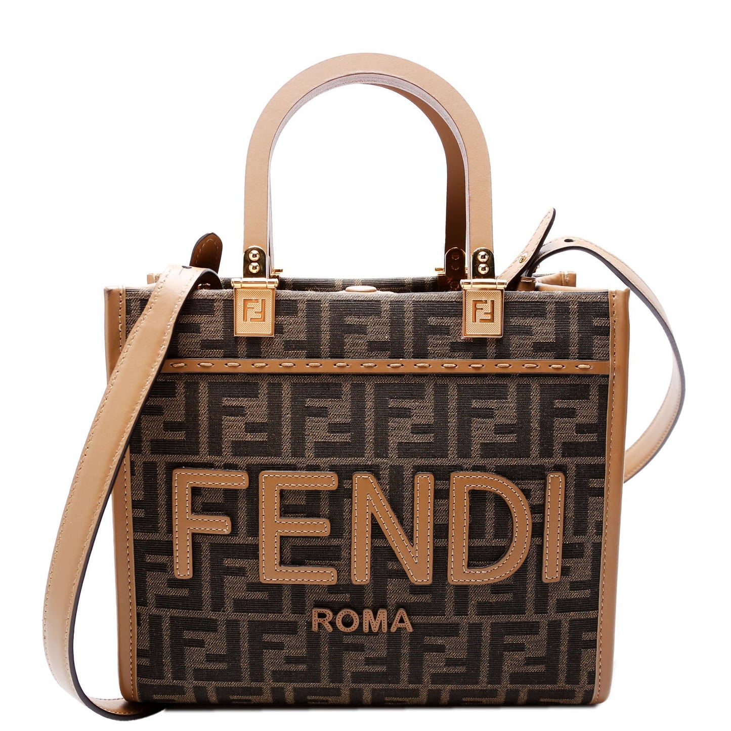 Fendi 8Bh394 Sunshine Shopper Ff Bag Canvas Brown Small Travel Bag