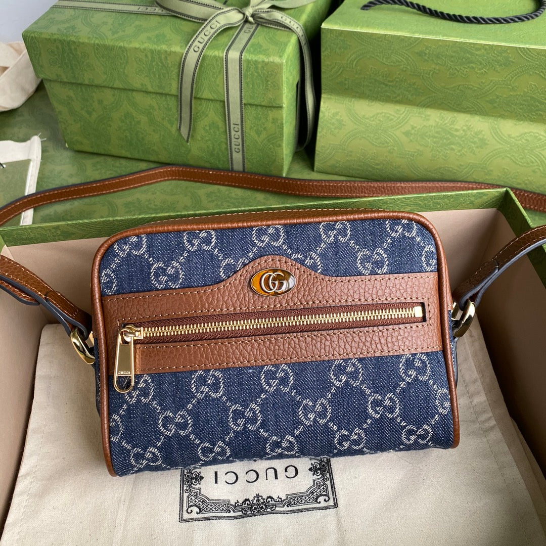 gg Ophidia gg Dark Ivory Denim Blue Mini Travel Bag