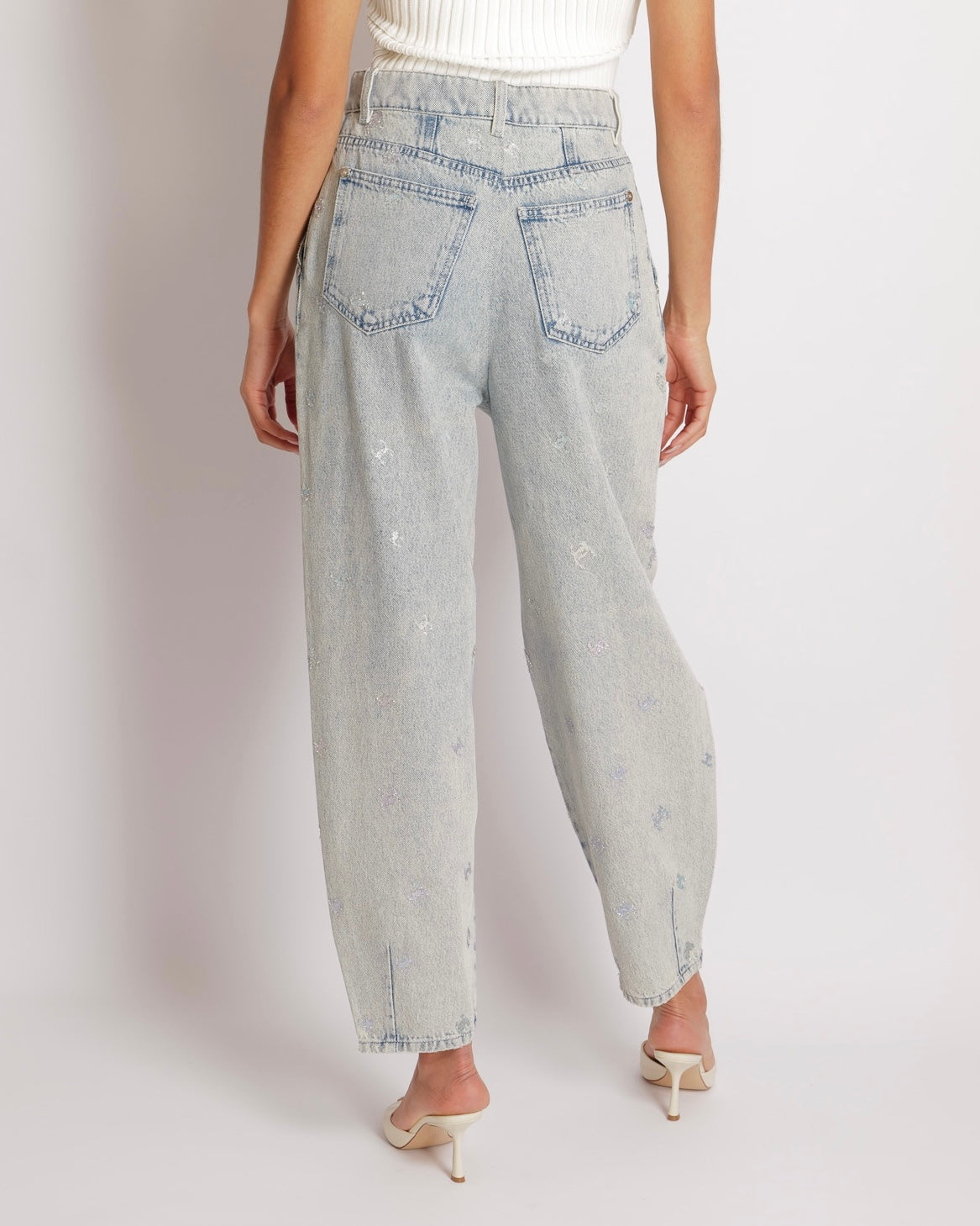 Chanel Fall 2021 Light Blue Straight Leg High-Waisted Jeans with Turquoise, Lilac, and Silver Metallic CC Logos and Silver Button Detail Size FR 40 (UK 12)