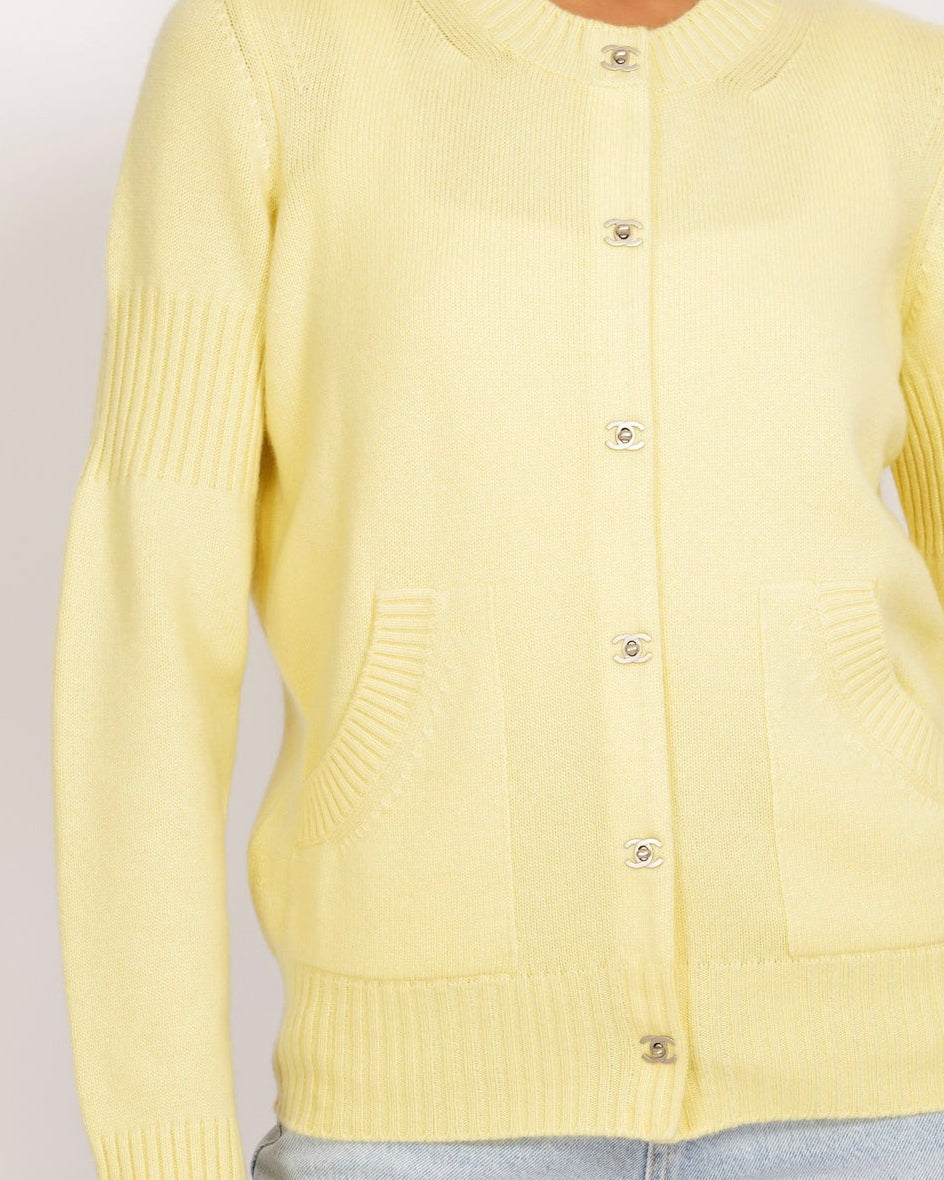 Chanel Yellow Cashmere Cardigan With Silver Cc Logo Buttons Size Fr 38 (Uk 10) Bag