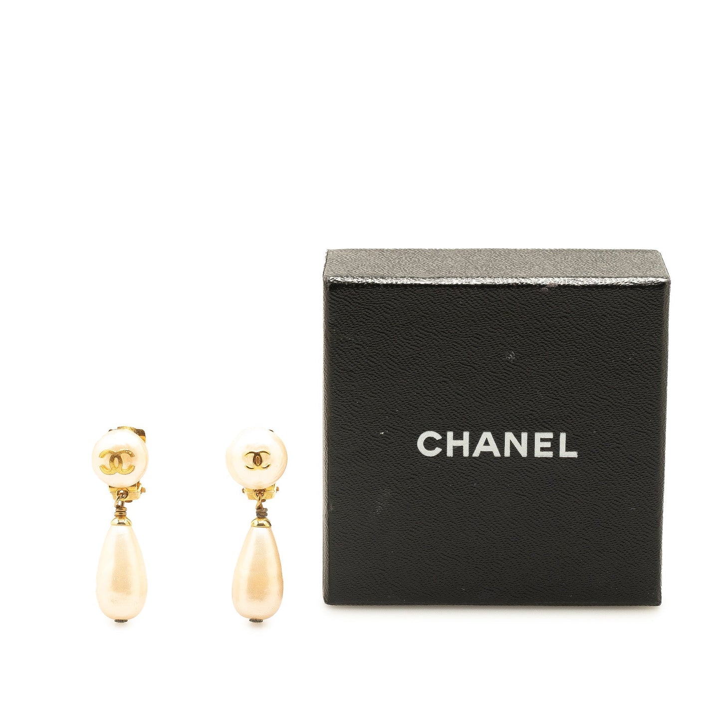 White Chanel Gold Plated Faux Pearl CC Swing Clip On Earrings