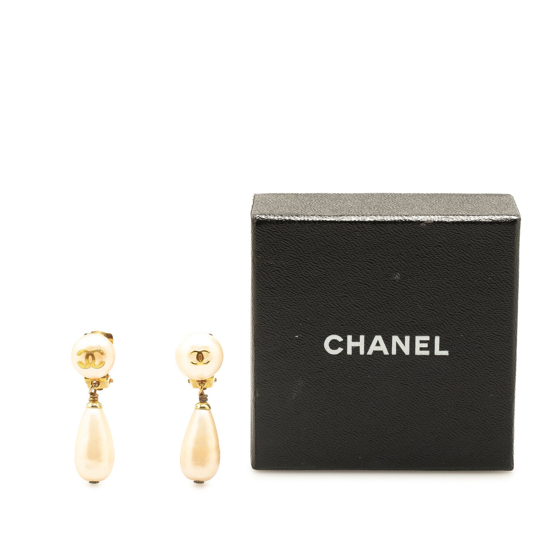 White Chanel Gold Plated Faux Pearl CC Swing Clip On Earrings