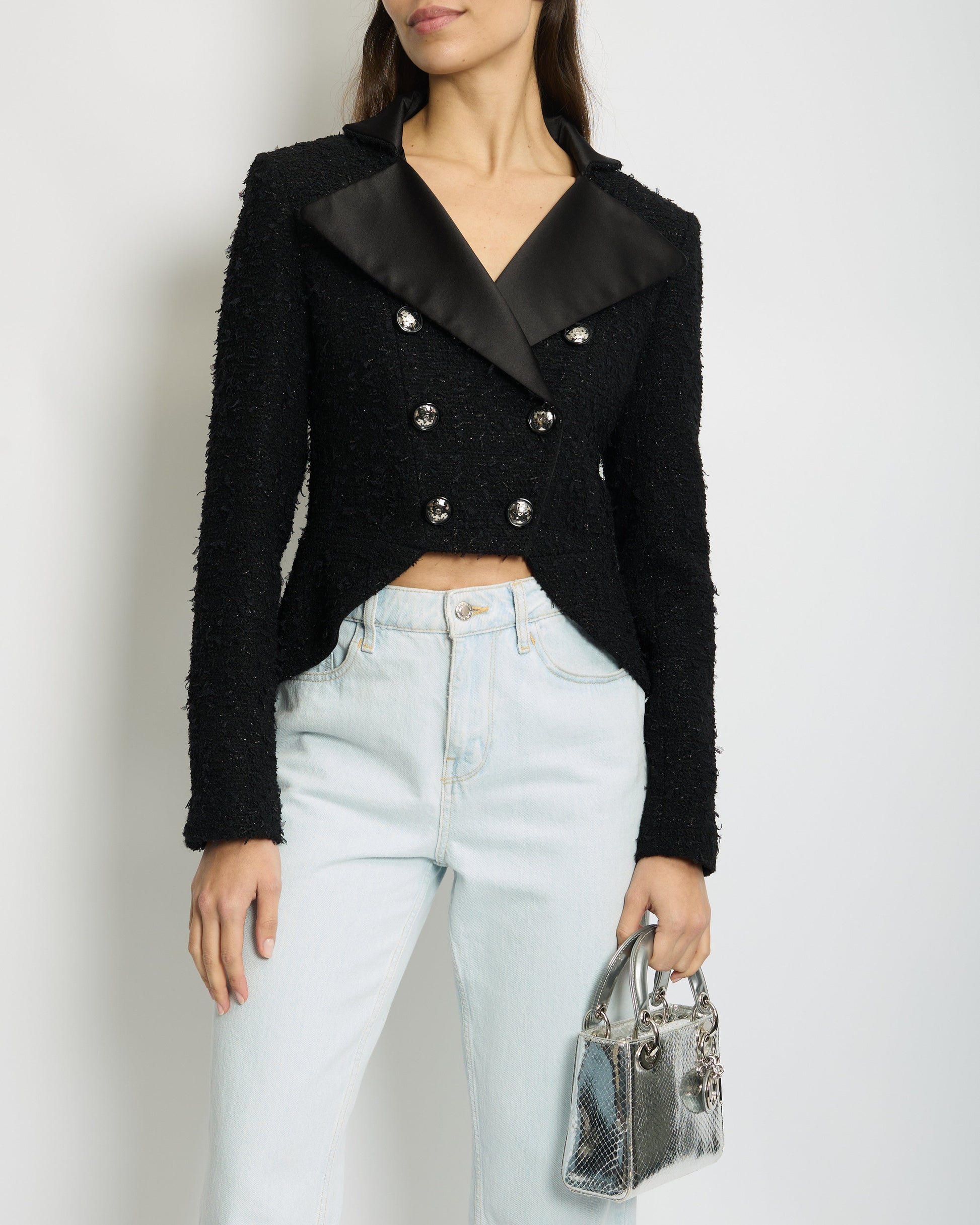 Chanel *Hot* 19/K Black Metallic Tweed Cropped Blazer With Satin Collar And Snowflake Buttons Details Size Fr 38 (Uk 10) Rrp £5,800 Bag