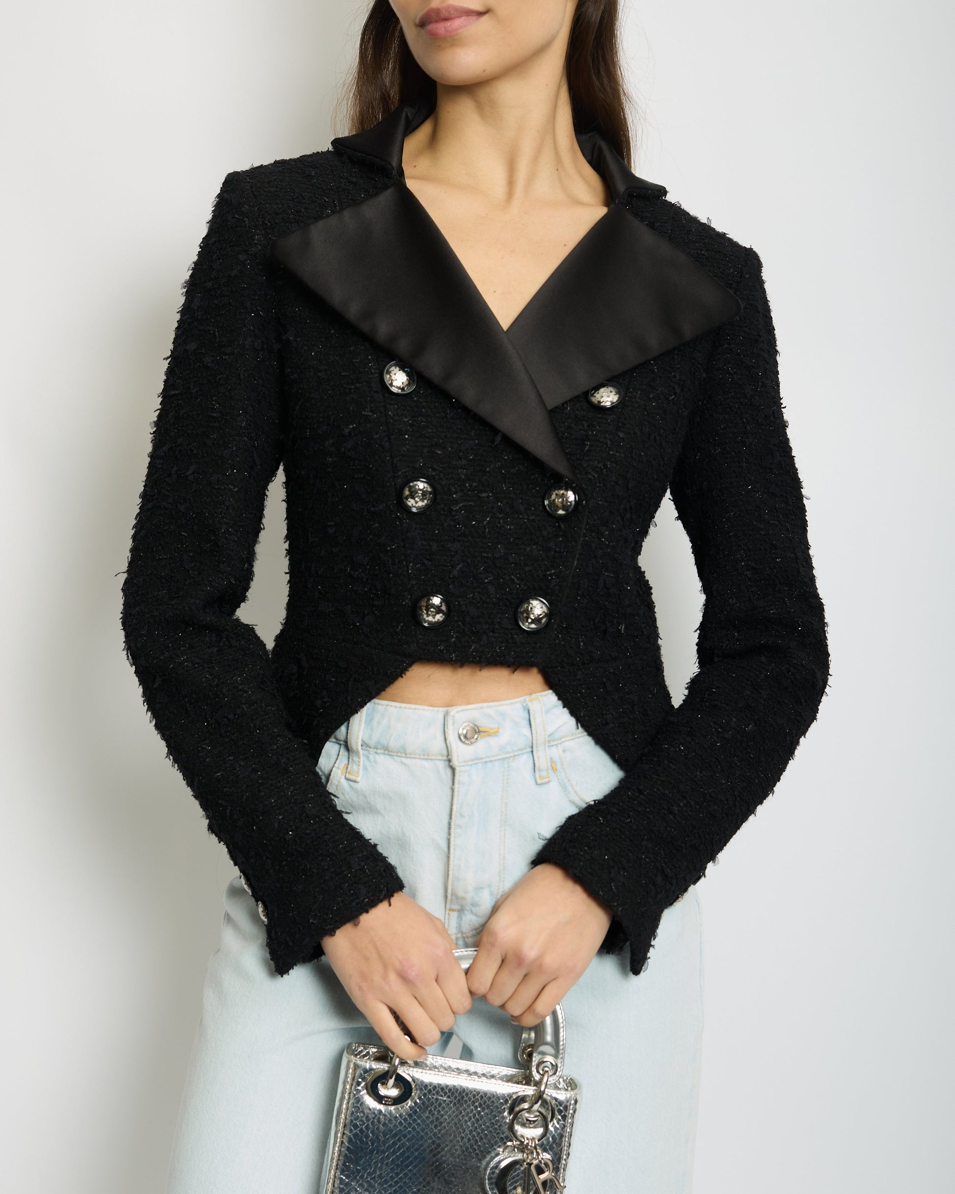 Chanel *Hot* 19/K Black Metallic Tweed Cropped Blazer With Satin Collar And Snowflake Buttons Details Size Fr 38 (Uk 10) Rrp £5,800 Bag