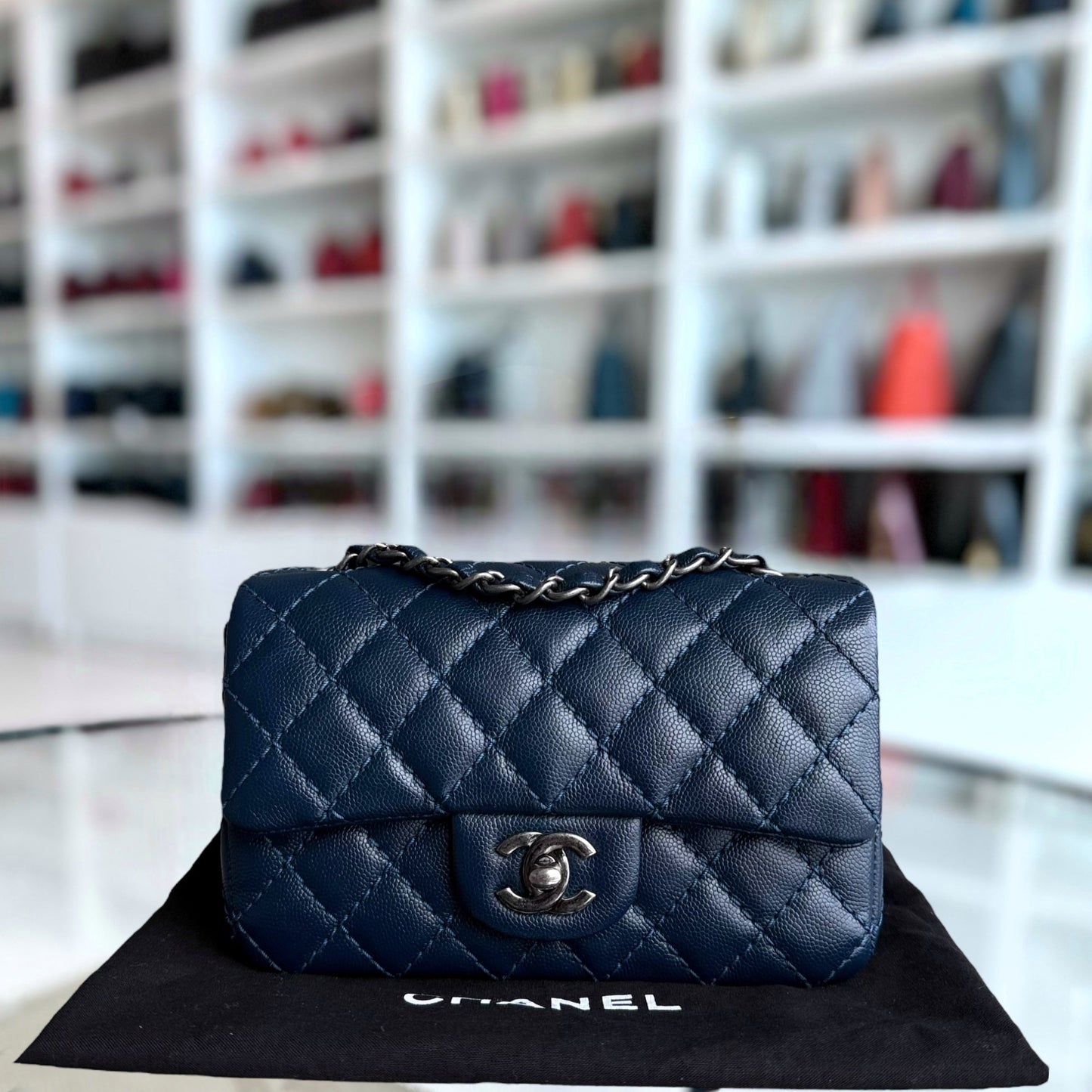 Chanel Classic Flap Mini Rectangle - Caviar 20CM Quilted Dark Blue Ruthenium Silver Hardware Series 23