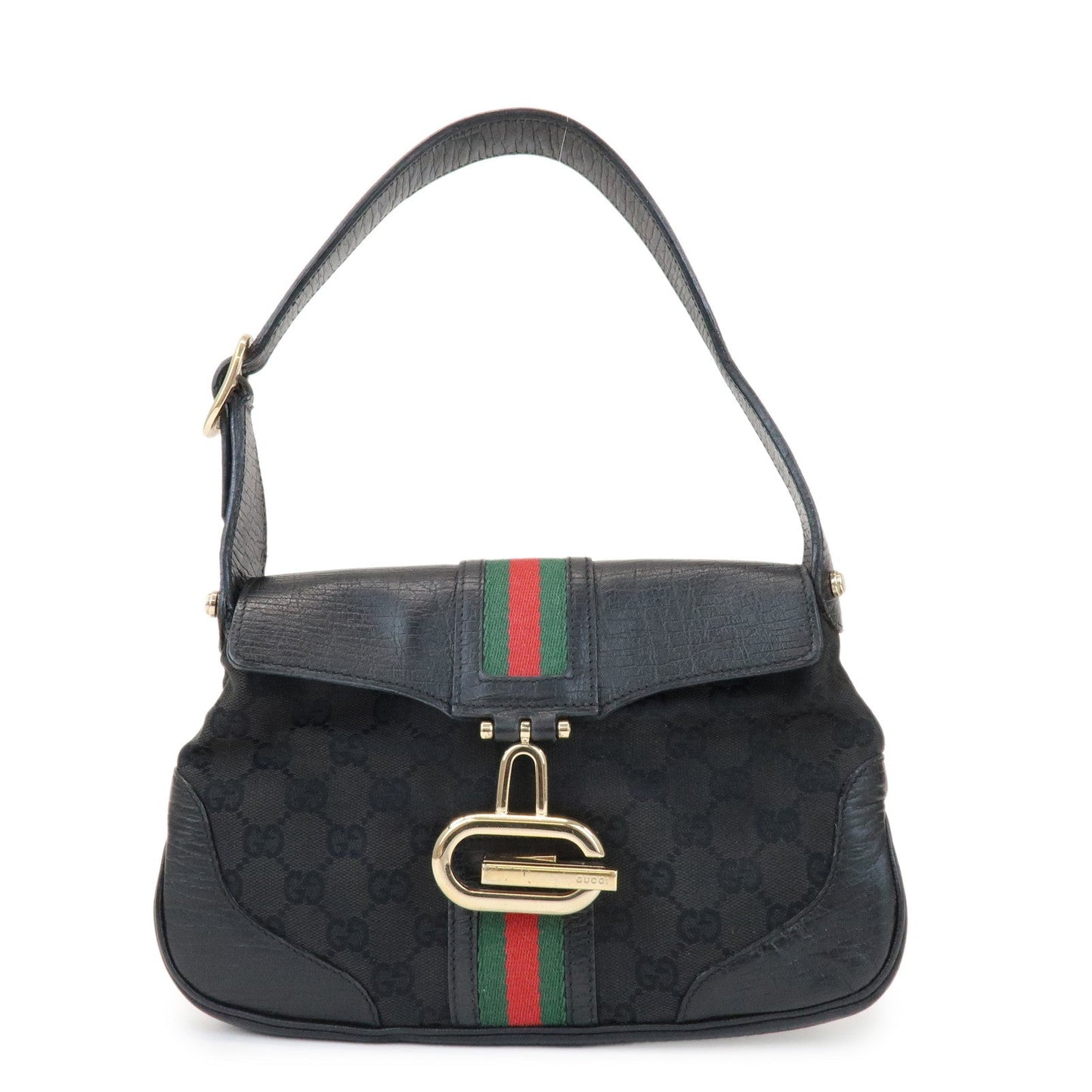 GUCCI Sherry GG Canvas Embossed Leather Shoulder Bag Black 130846