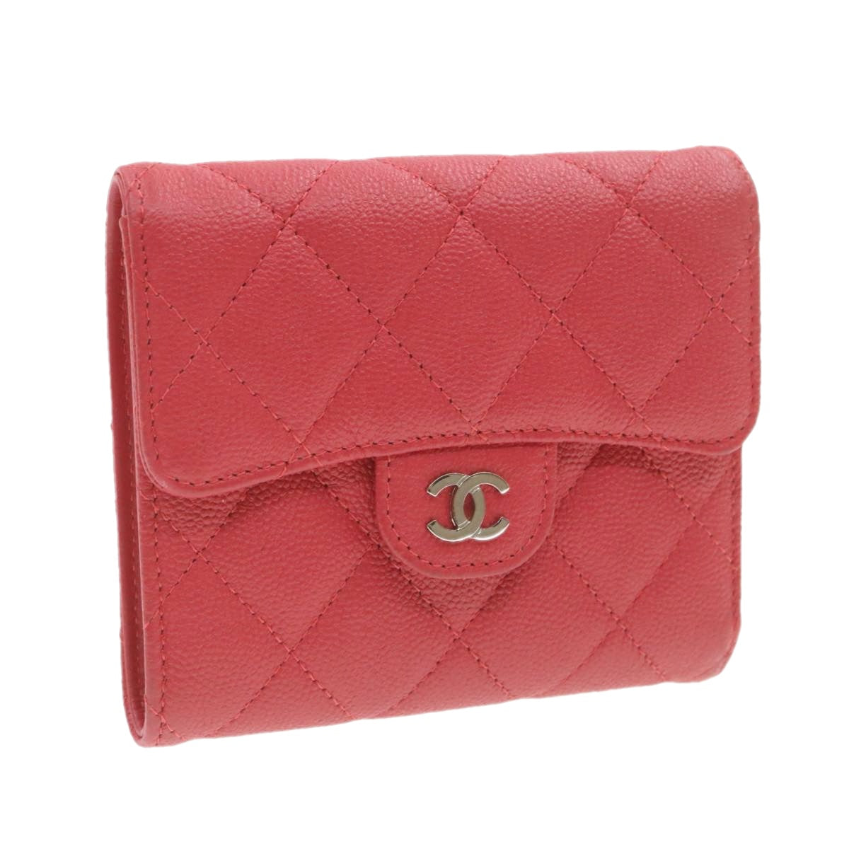 Chanel Caviar Skin Matelasse Wallet Pink Red CC Auth A