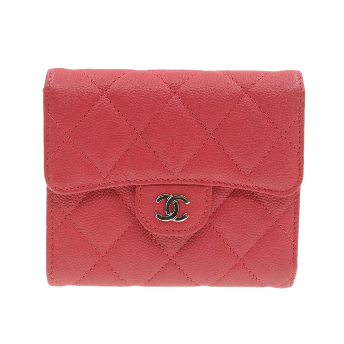 Chanel Caviar Skin Matelasse Wallet Pink Red CC Auth A