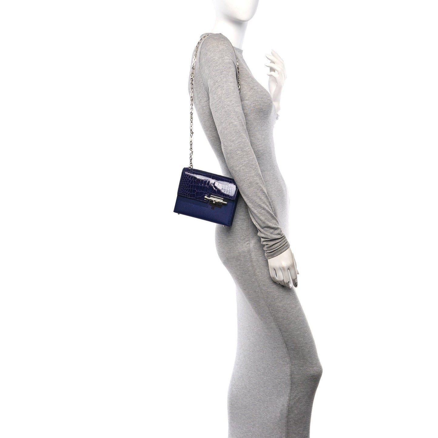 Hermes Epsom Shiny Alligator Verrou Chaine Bag Bleu Encre Black Mini Travel Bag