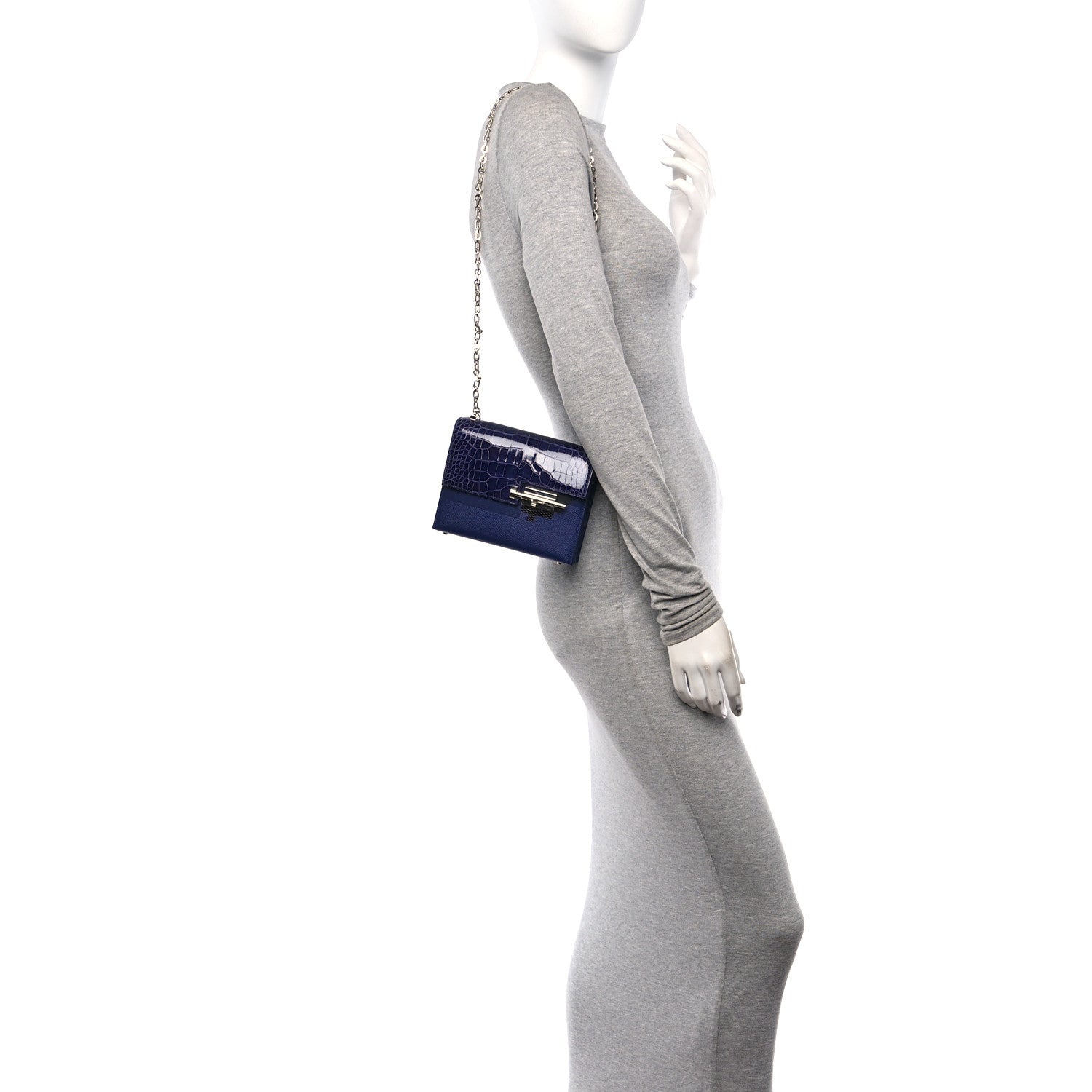 Hermes Epsom Shiny Alligator Verrou Chaine Bag Bleu Encre Black Mini Travel Bag