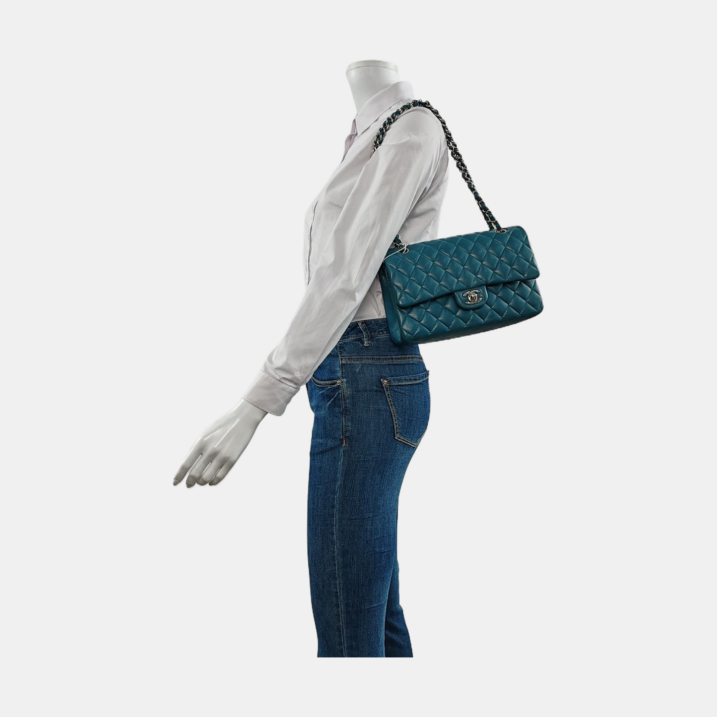 Chanel Classic Flap Teal Caviar Hardware Green Silver Leather Handbag Hardware 1