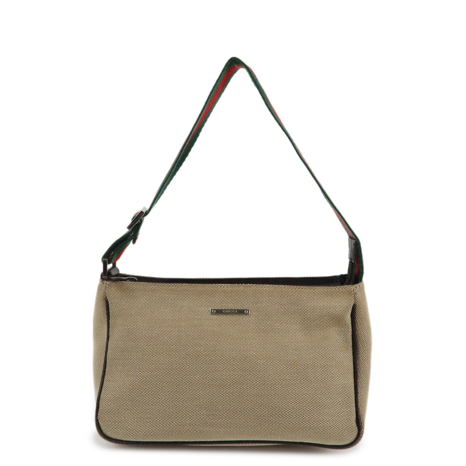 GUCCI Sherry Canvas Leather Pouch Hand Bag Beige Brown 106644