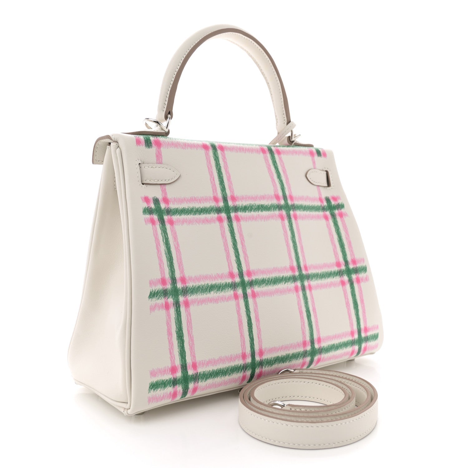 Hermes Swift Tartan Kelly Retourne Gris Pale Rose Bubblegum Travel Bag