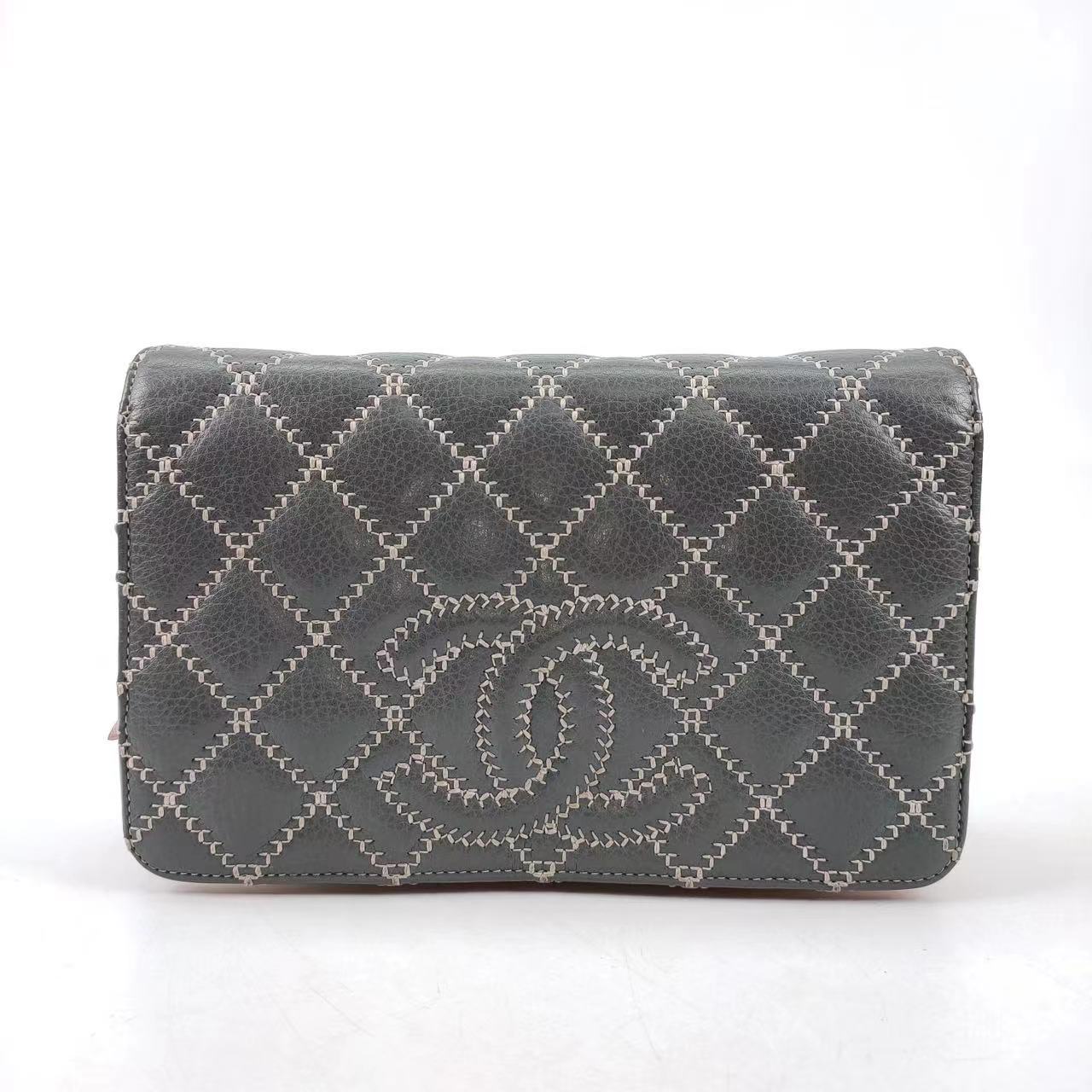 Chanel Wild Stitch Flap on WOC Pink Grey Leather Wallet Case