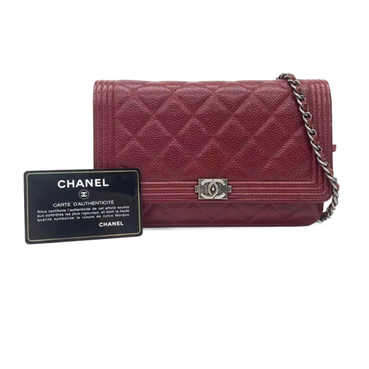 Chanel on Boy Half Flap Caviar Red Leather Wallet Case Leather 1