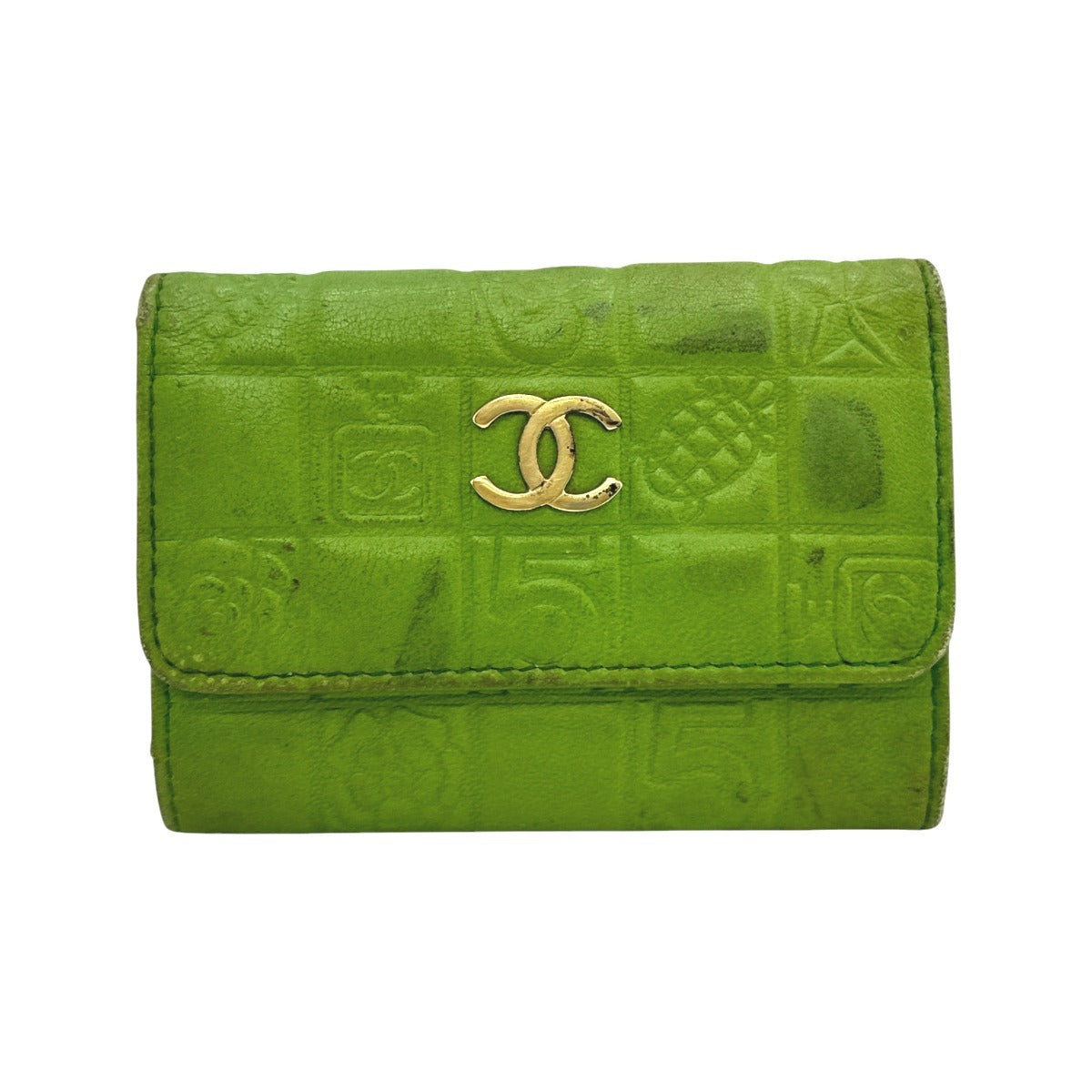 Chanel holder 6- holder Icon line Green Leather Wallet Case