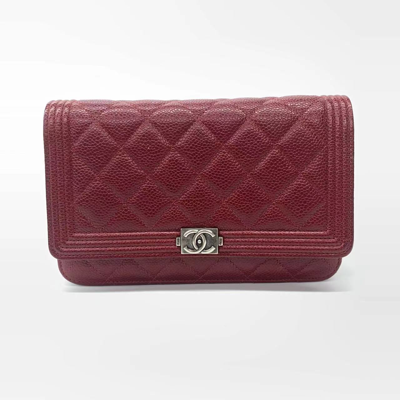 Chanel on Boy Half Flap Caviar Red Leather Wallet Case Leather 1