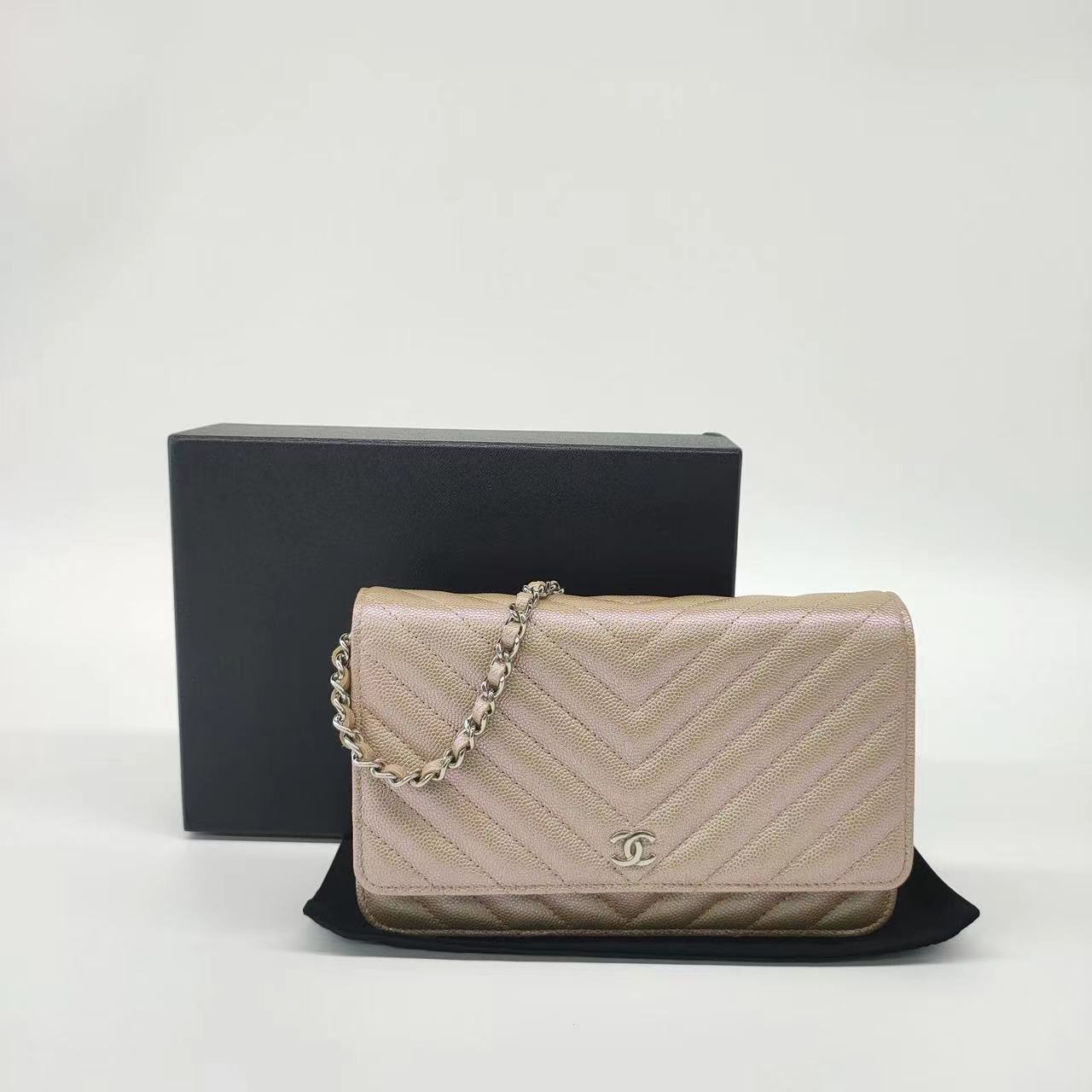 Chanel WOC on Chevron Champagne Iridescent Leather Wallet Case