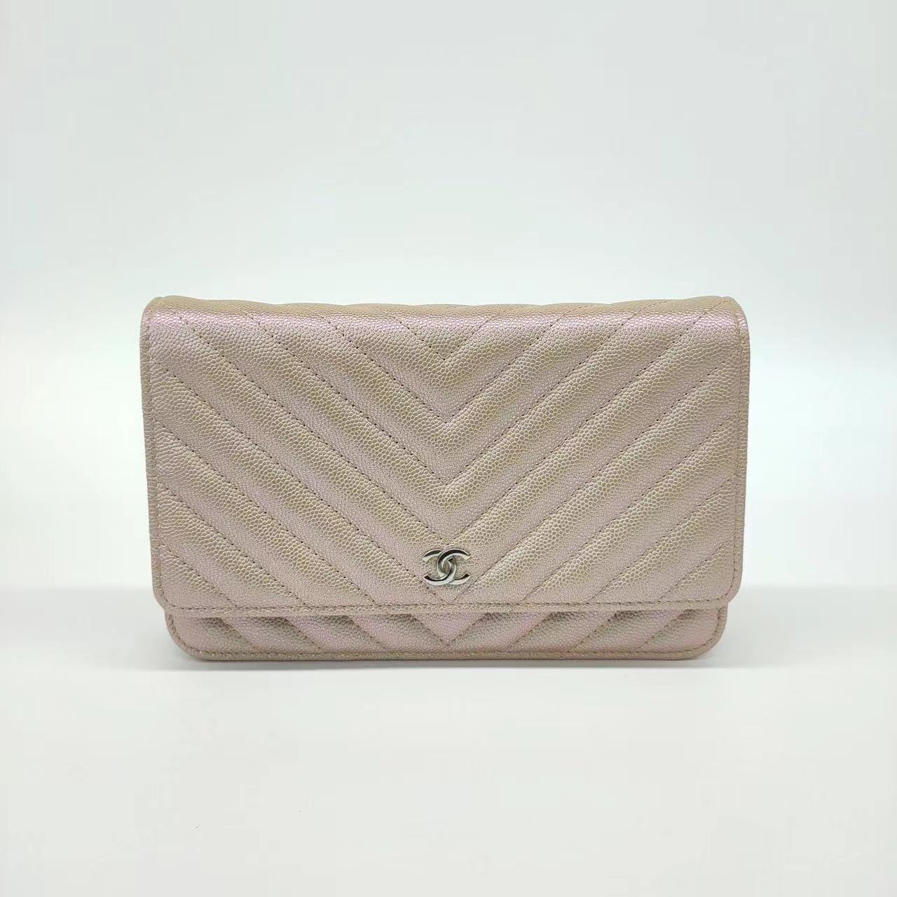 Chanel WOC on Chevron Champagne Iridescent Leather Wallet Case