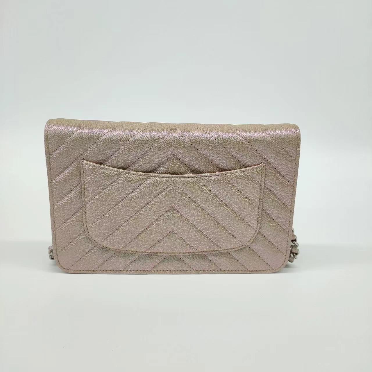 Chanel WOC on Chevron Champagne Iridescent Leather Wallet Case