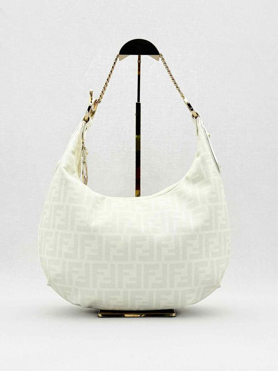 Fendi Chef Chain & Grey Zucca Hobo bag Leather Canvas White