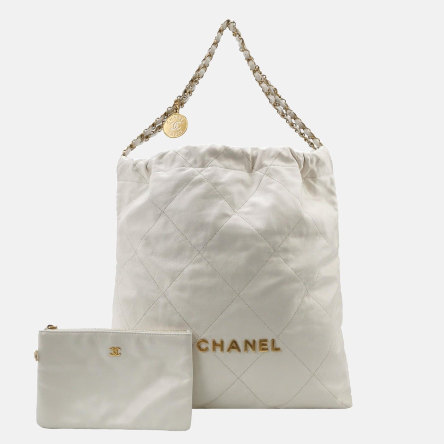 Chanel 22 Hobo Shiny Calfskin -tone Hardware White Gold Leather Shoulder Bag