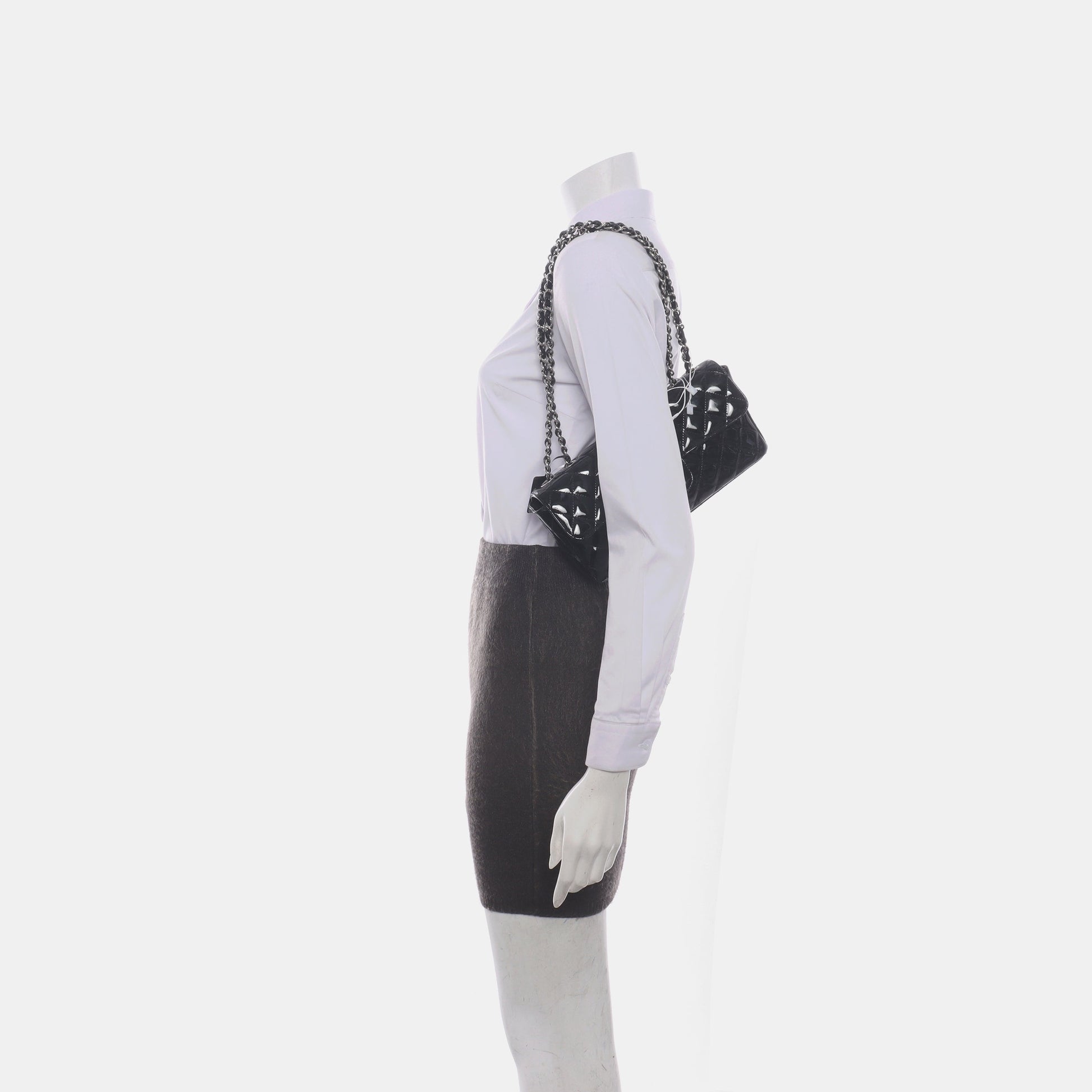 Chanel Baguette Flap Patent Double Black Silver Leather Shoulder Bag