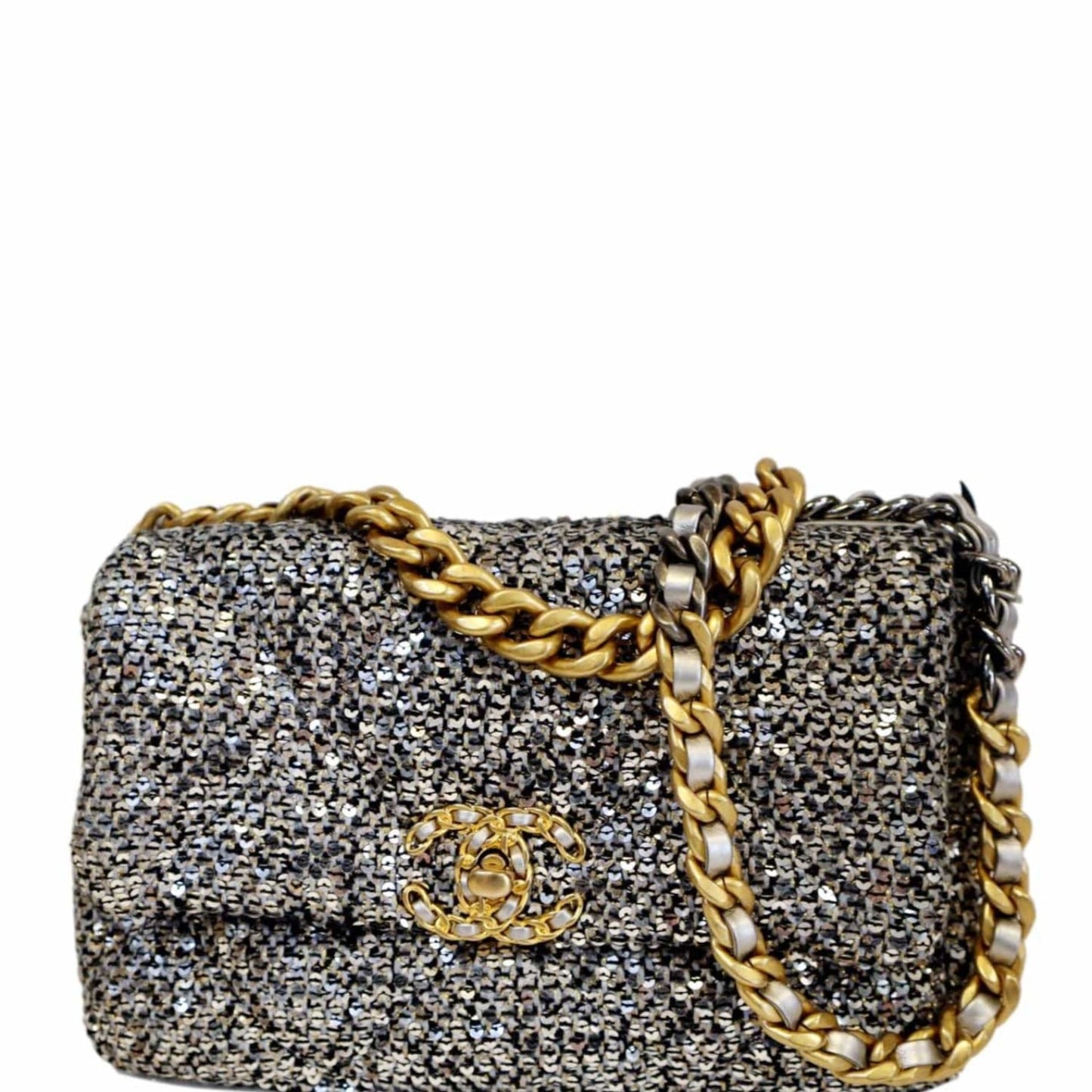 Louis Vuitton CHANEL 19 Flap Sequin Silver Travel Bag