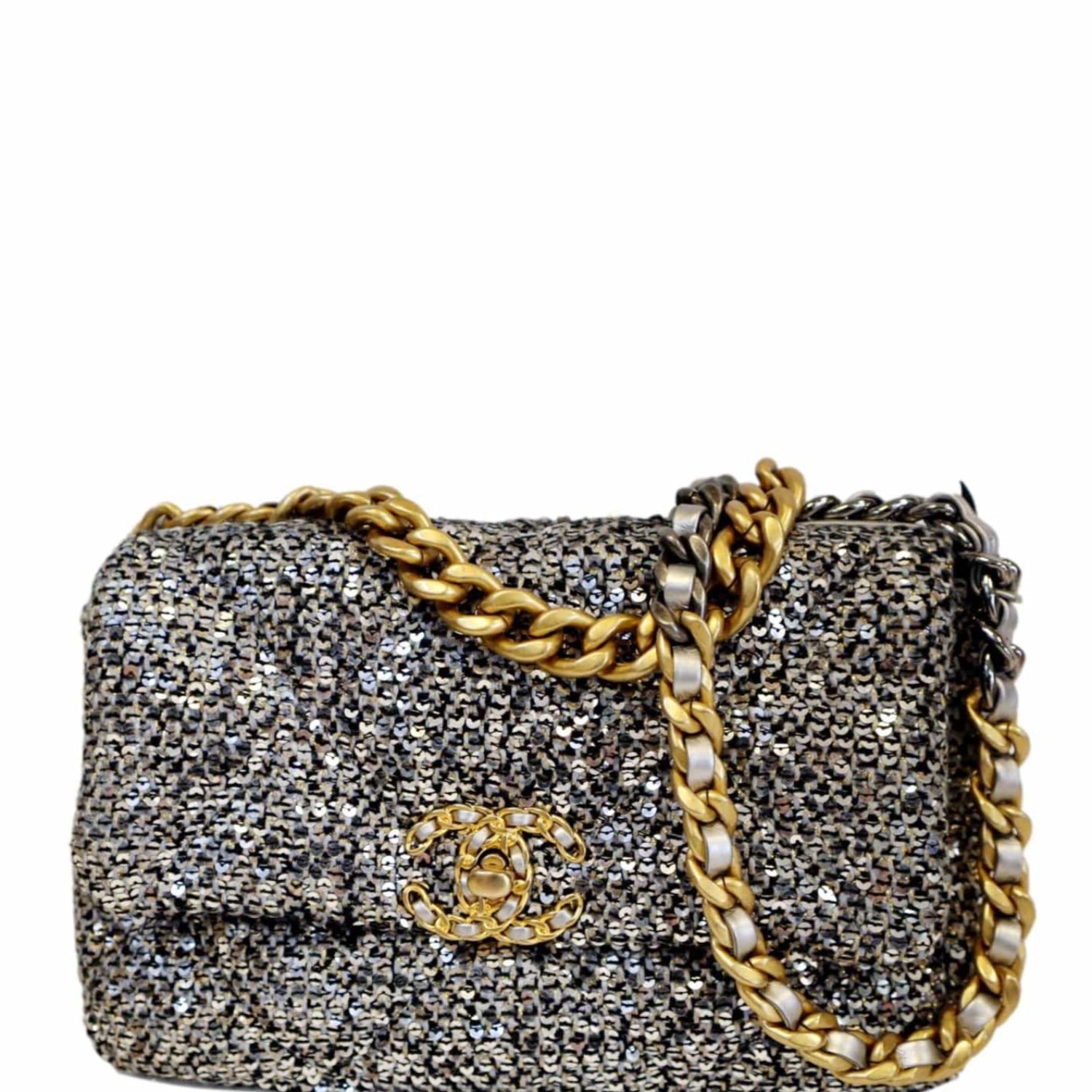 Louis Vuitton CHANEL 19 Flap Sequin Silver Travel Bag