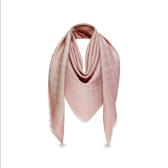Louis Vuitton Silk Wool Shawl Scarf Monogram Pink