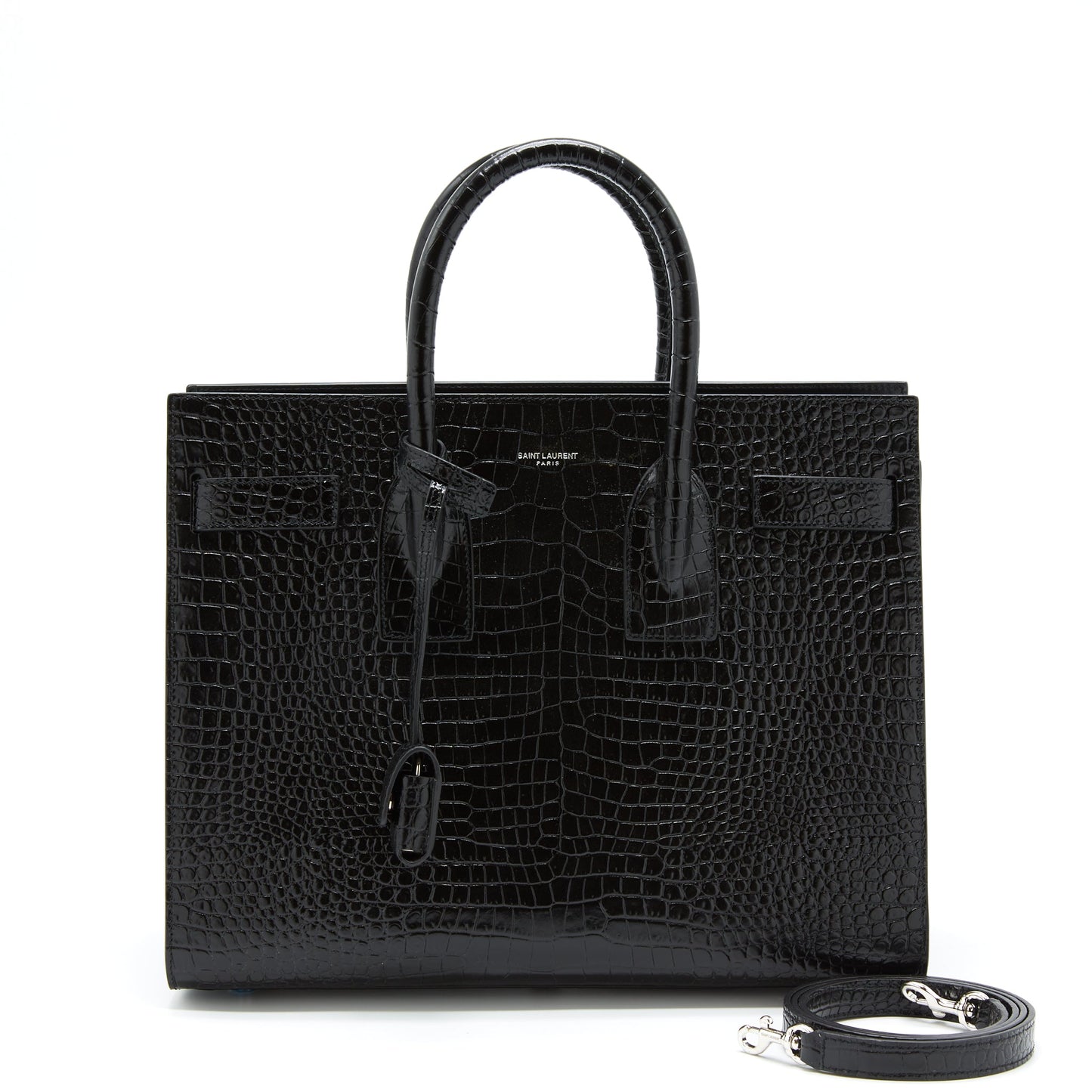 YSL Saint Laurent Sac De Jour Crocodile Embossed Travel Bag Black