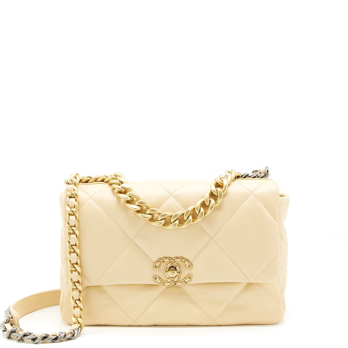 Chanel 19 Goatskin Hardware Gold Silver Beige Handbag