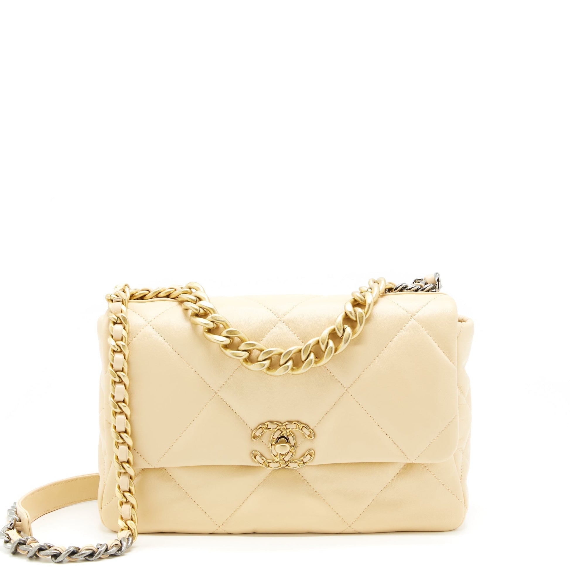 Chanel 19 Goatskin Hardware Gold Silver Beige Handbag