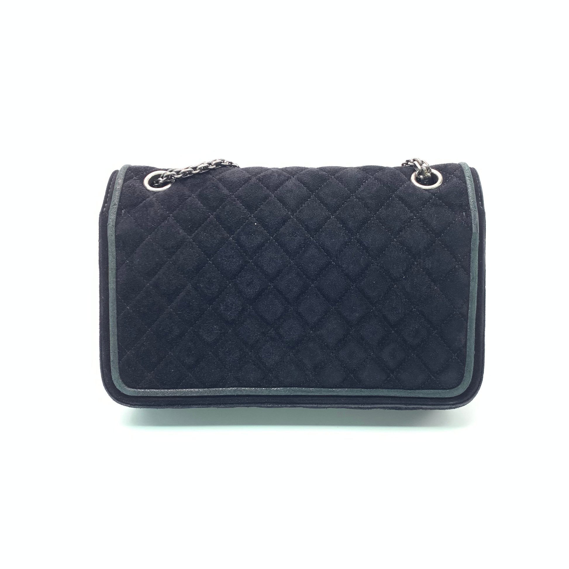 Chanel 2.55 Double Flap Suede Navy HW Silver Leather Handbag