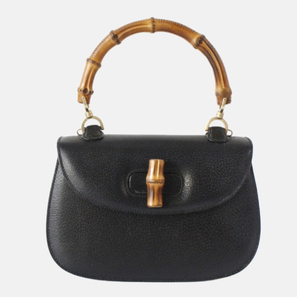 Gucci Bamboo Leather Black Medium Top Handle Travel Bag