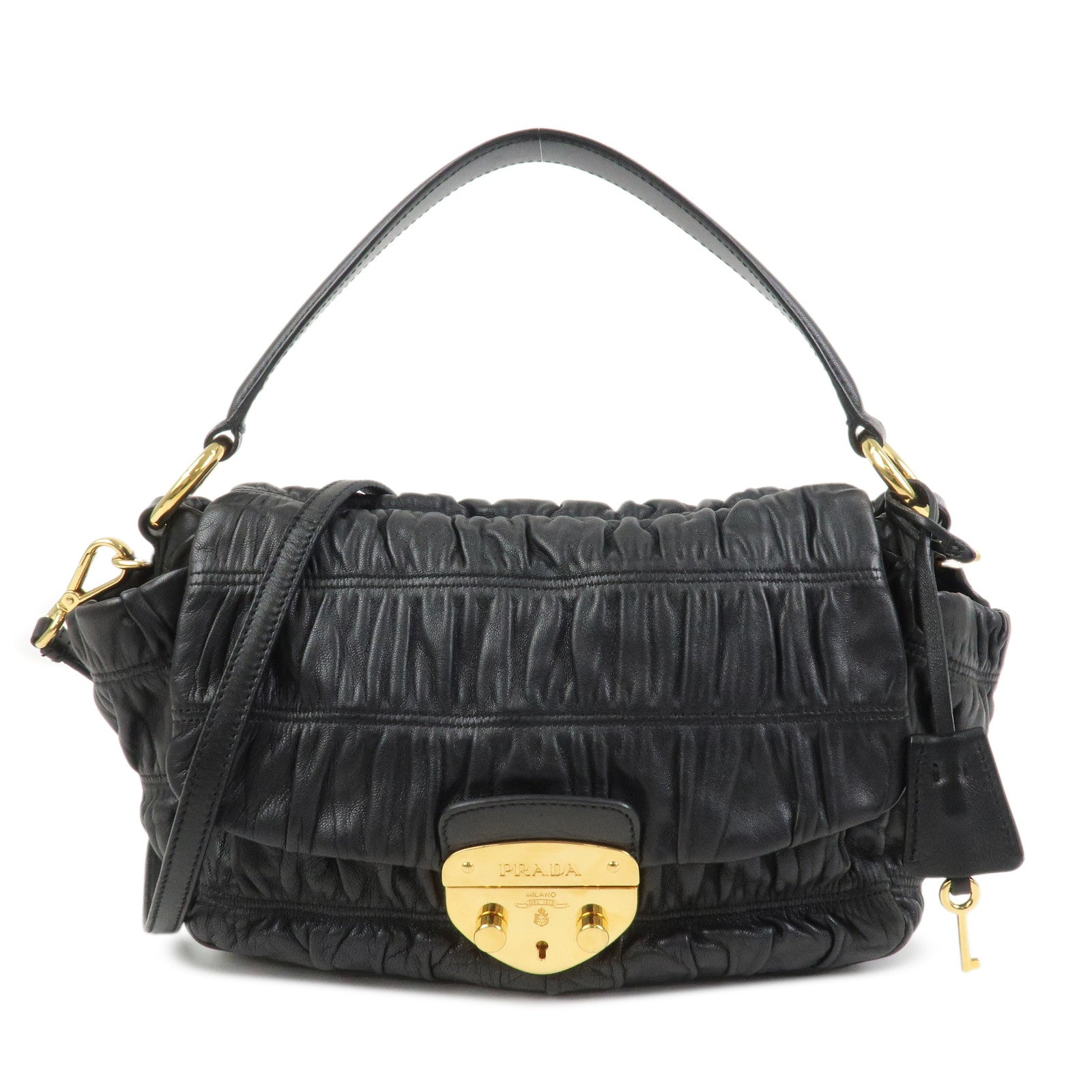 Shoulder Bag Gathered 2Way Bag Hand Bag Leather Black Logo