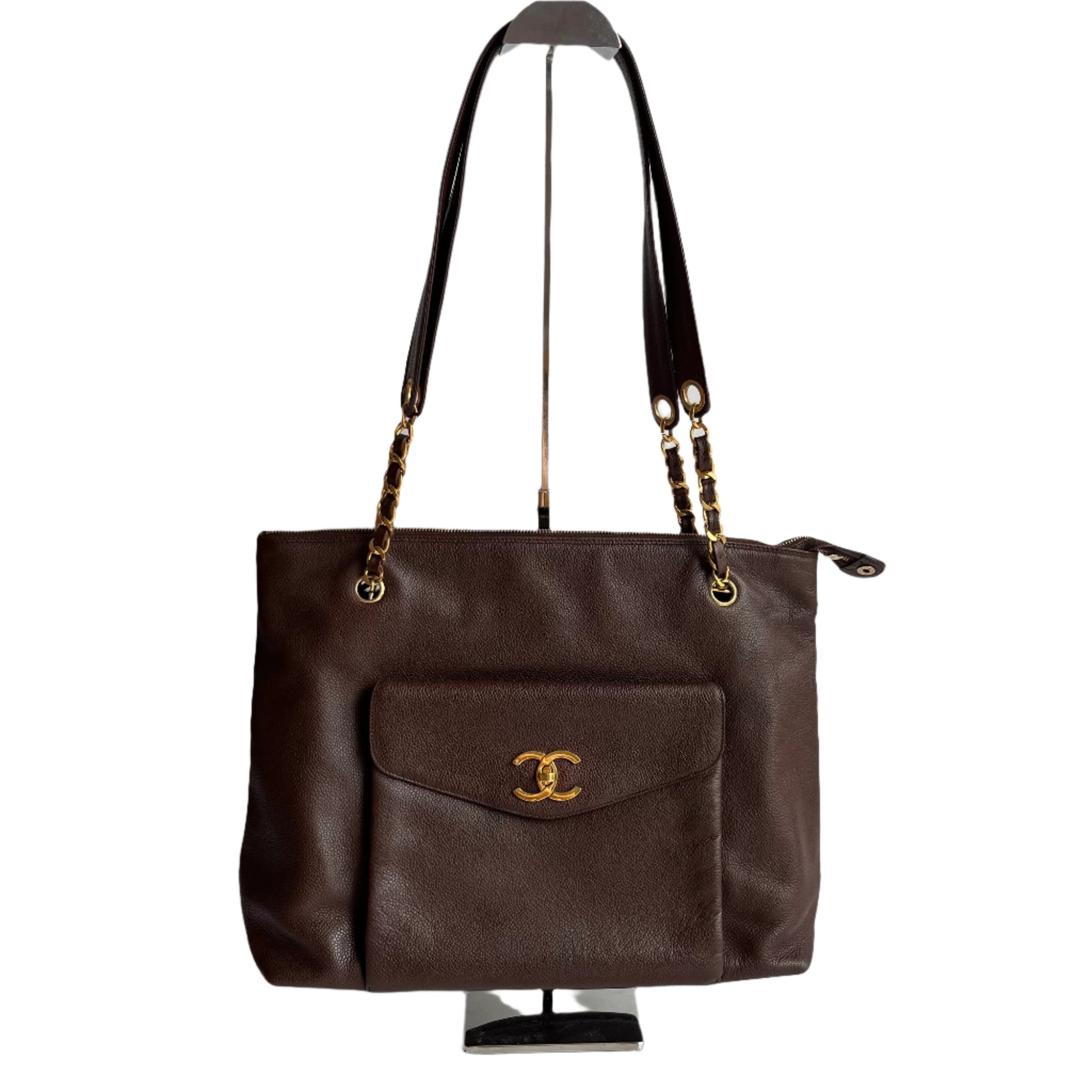 Chanel Front Pocket Chocolate Caviar Double Brown Gold Leather Tote Bag