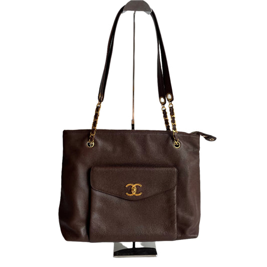 Chanel Front Pocket Chocolate Caviar Double Brown Gold Leather Tote Bag