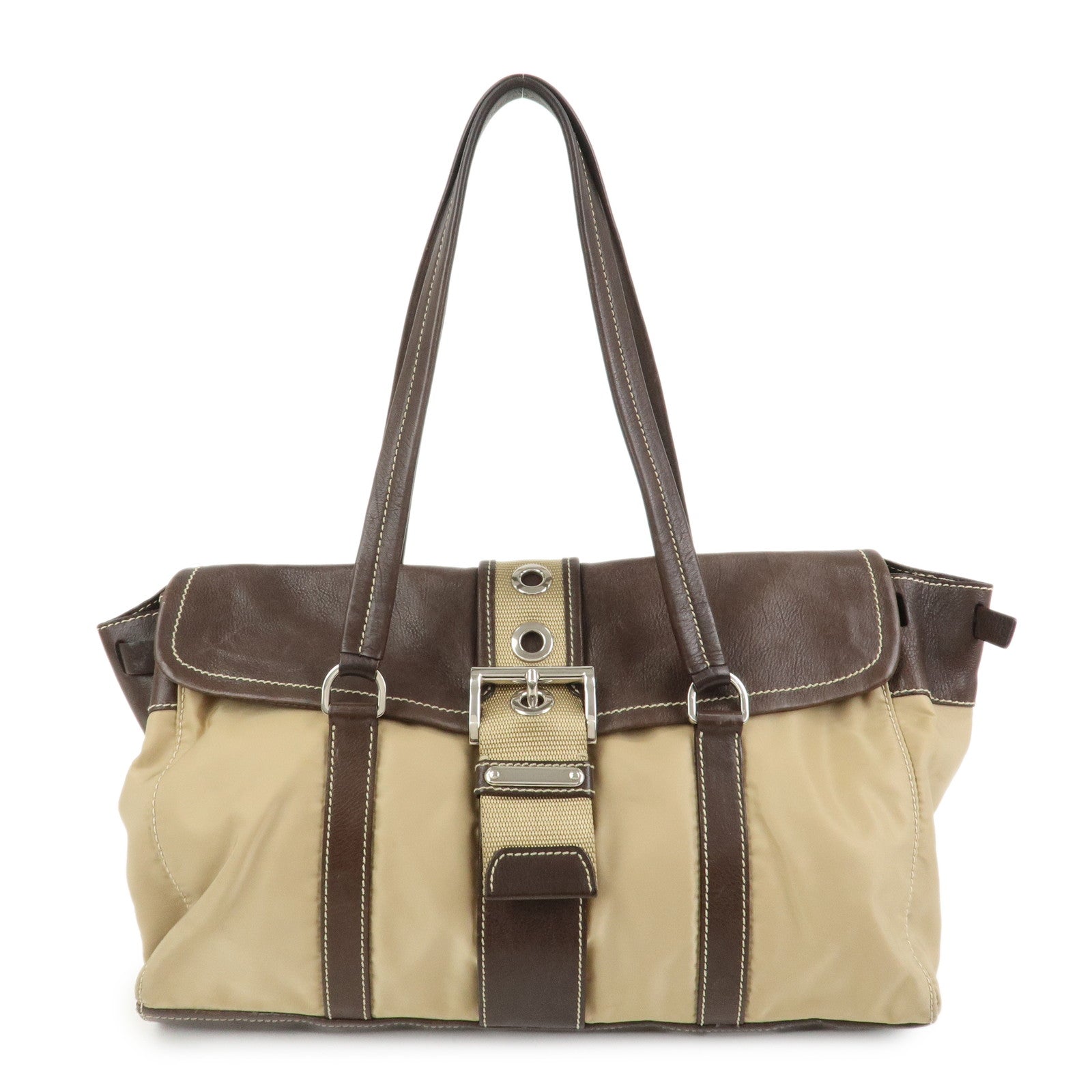 Shoulder Bag Triangle Leather Nylon Brown