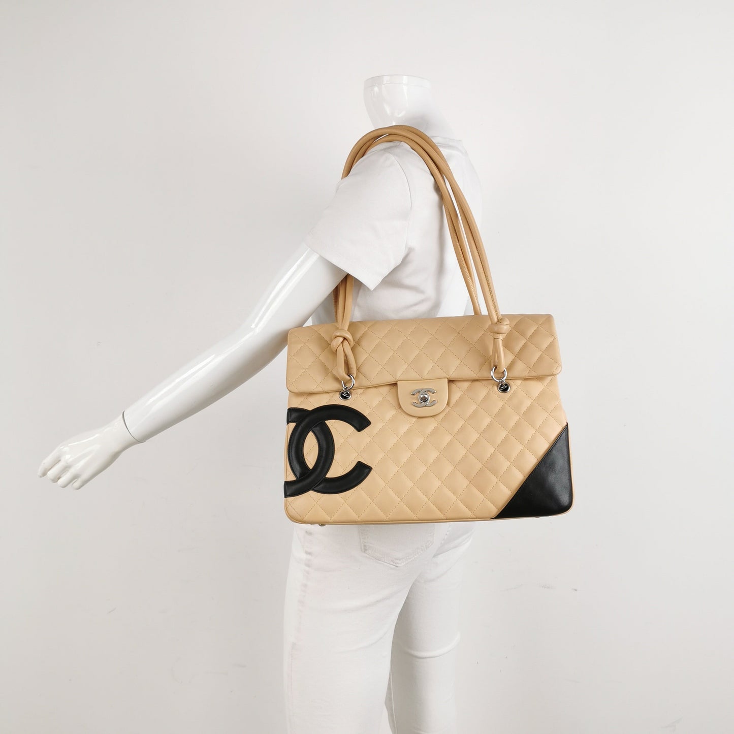 Chanel Cambon Flap Maxi Calfskin Double Beige Leather Shoulder Bag