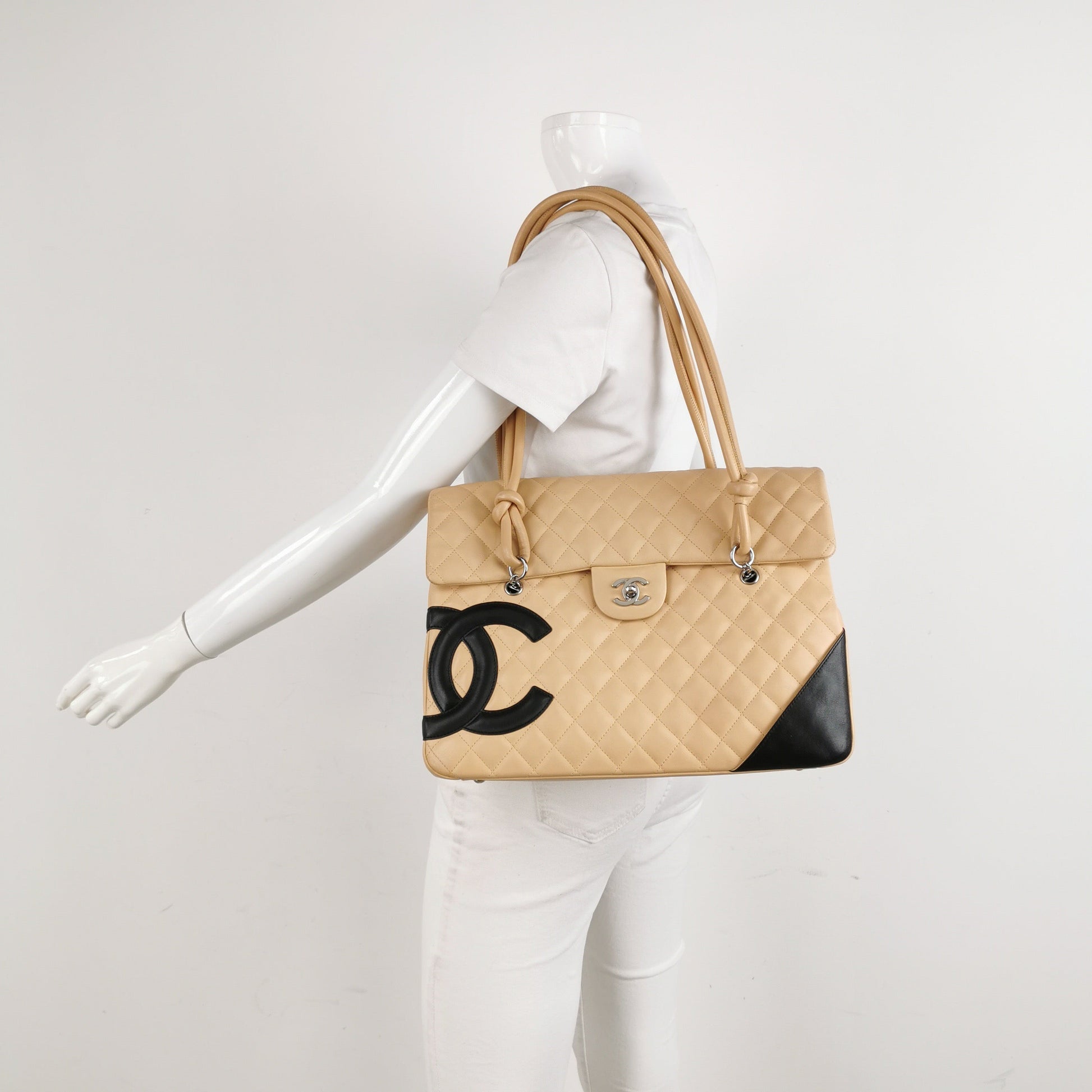 Chanel Cambon Flap Maxi Calfskin Double Beige Leather Shoulder Bag